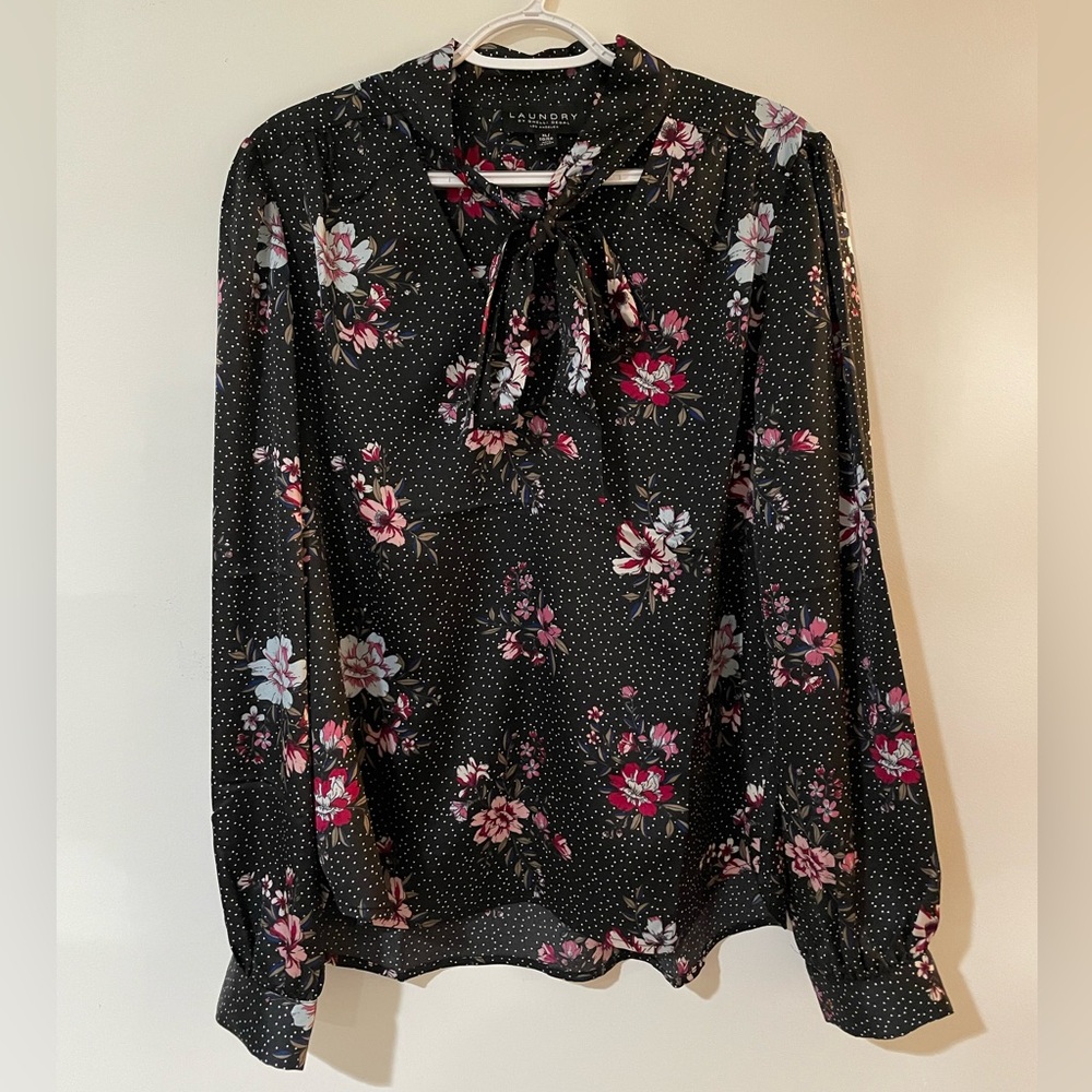 Laundry by Shelli Segal Black Floral Blouse with Neck Tie - NWT